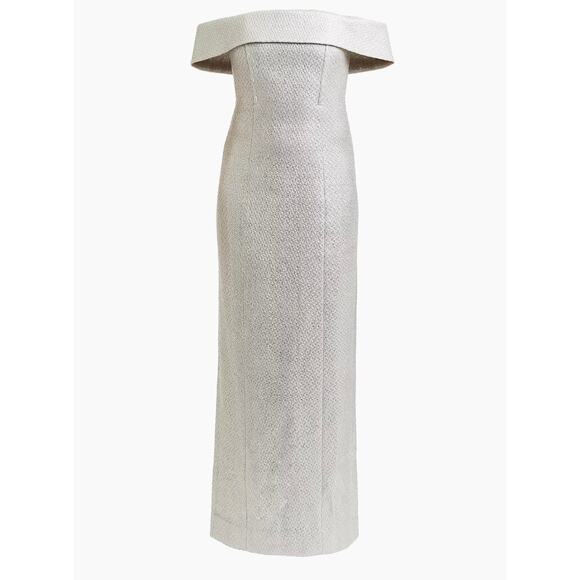 Mestiza New York Mona Silver Metallic Tweed Off the Shoulder Formal Gown 14 - Picture 3 of 12